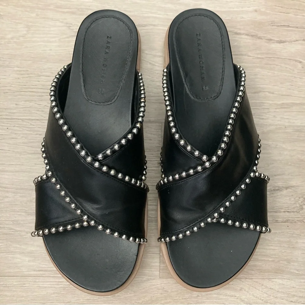 Zara Woman Silver Studded Chunky Criss Cross Espadrille Slide Open Toe Sandals - Picture 2 of 11